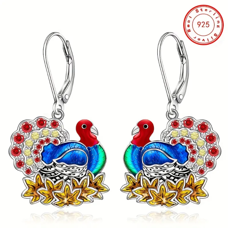 [925 Pure Silver Turkey Earrings] 925 Silver Turkey Earrings with Cubic Zirconia, Metal Coating, Female Adults' Fashion Costume Jewelry for Daily Wear, Thanksgiving Holiday Gift