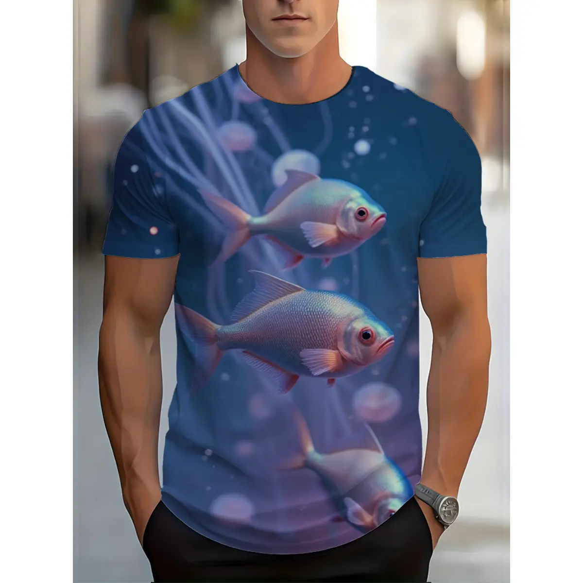 Men's Casual T-Shirt with 3D Iridescent Fish & Jellyfish Print, Short Sleeve Polyester Round Neck for Summer Fashion, M, Top, Menswear, Clothes, Shortsleeve, Stylish, Colorful 3D Iridescent Fish & Jellyfish Print