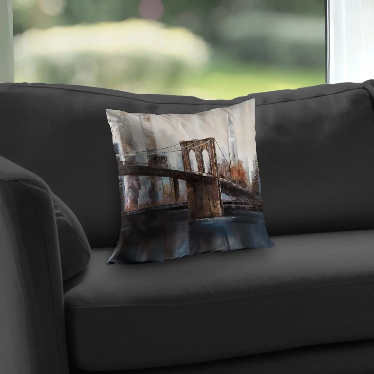 360 Stand 14x14 in. Standard Size Bridge Print Throw Pillow - Urban Brooklyn Bridge City Scene, Poly Twill Weave Easy-Clean Home Decor Pillow with Insert, Ambiance Standard Pillows