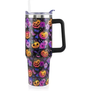 40 oz Halloween Tumbler with Lid and Straw, Stainless Steel Insulated Flower and Pumpkin Tumbler 40 oz, Reusable Spooky Pumpkin Cup with Leak Proof Lid, Halloween Gifts for Women