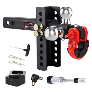 TECSPACE Adjustable trailer hitch with three-ball mount, featuring a swivel tow shackle and anti-theft pin with hook, suitable for 2-inch receiver, ball sizes 1-7/8 inch, 2 inch, and 2-5/16 inch, heavy-duty towing hook with shackle, ultra-quiet