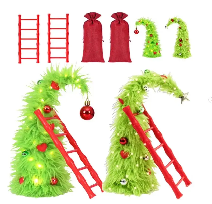2PCS 1FT Lighted Velvet Christmas Tree Set, Bendable Whimsical Plush Toys with Ladder & Ornaments, Stainless DIY Tabletop Decor in Box, Gift