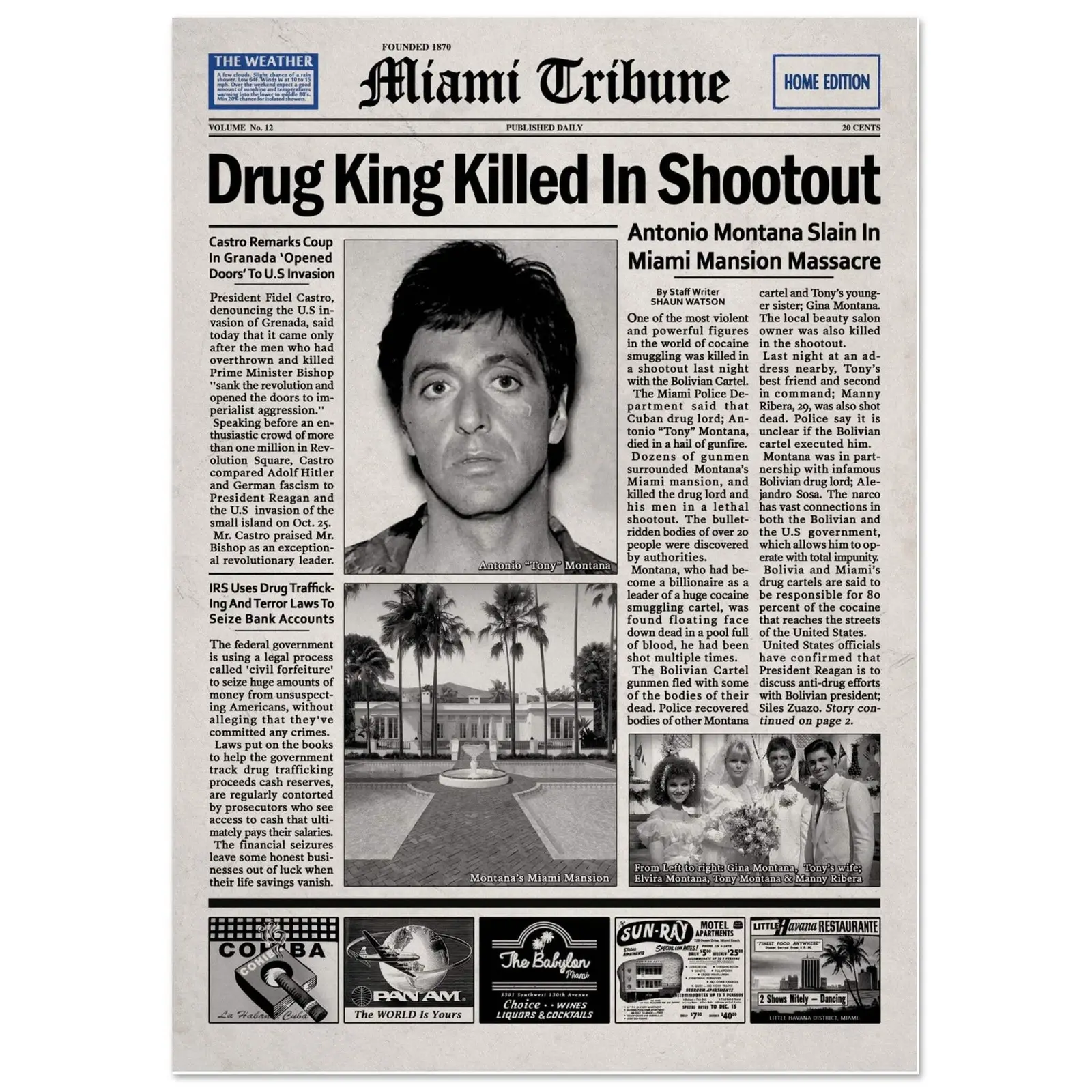 Scarface Newspaper Poster Print - Artistic Creative Design Graphic Print Home Supplies, Decor Inspo Funny Decor for Men's Room, Bedroom, Graphic Prints, Creative Design Print