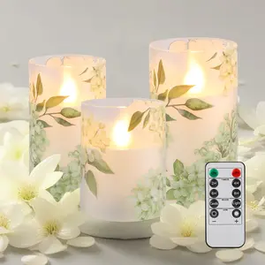 3Pcs Plastic Green Flower Flameless Candles With Remote Control Timer, Battery Powered Candles Flickering LED Candles Floral Christmas Holiday Decoration Electric Pillar Candles, Mother's Day , Valentine's Day Gift