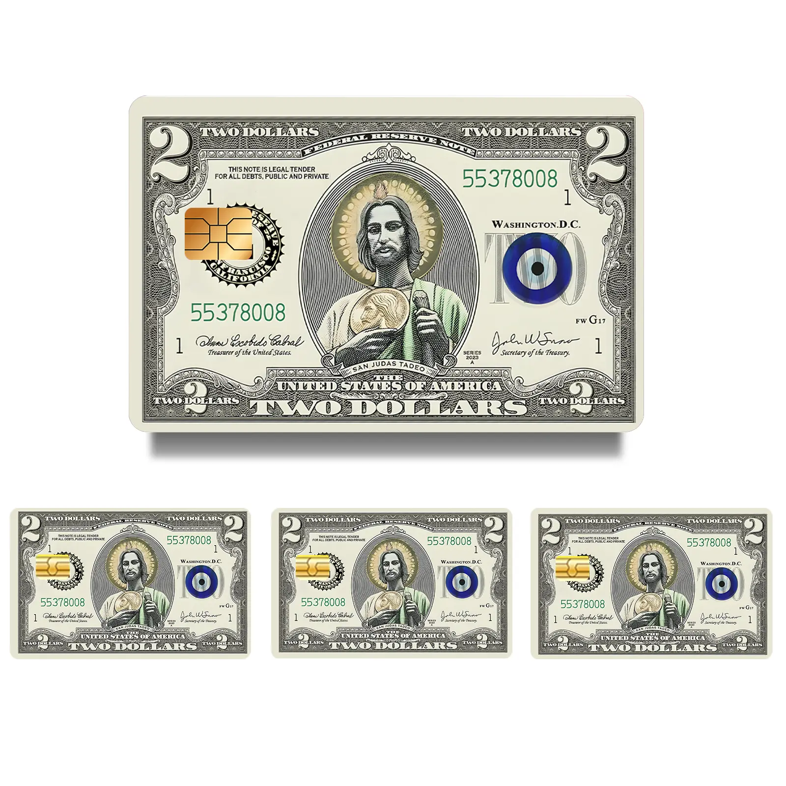 San Judas Debit Card Sticker Decal - High-Quality Waterproof Vinyl, Vintage Banknote Design with Saint Motif, Rectangular Shape, Chip Cutout, Bubble-Free Apply for Artists