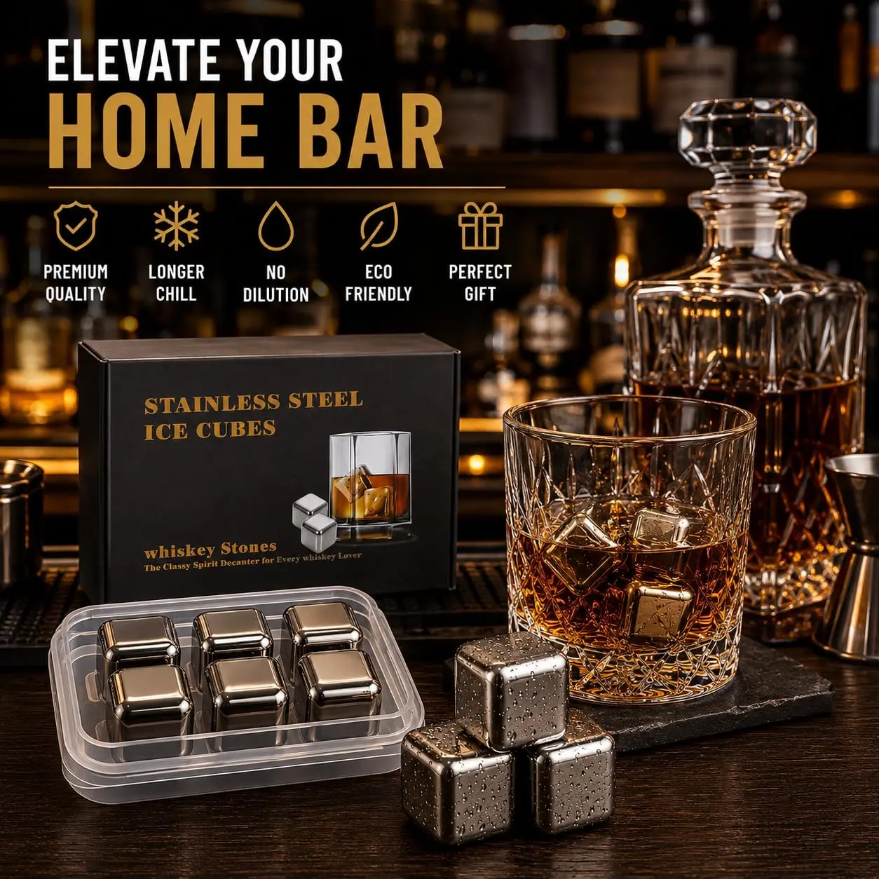 Reusable Stainless Steel Whiskey Chilling Rocks, 6-8 Pack Options, Bar Utensil Christmas Stocking Gift for Whiskey-Loving Guys