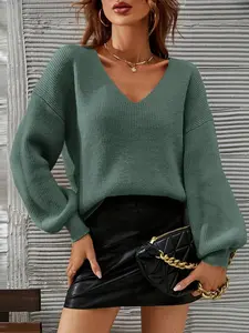 Women's Plain Sweater Pullover, Casual Long Sleeve V Neck Jumper for Fall & Winter, Fashion Ladies' Knitwear for Daily Wear