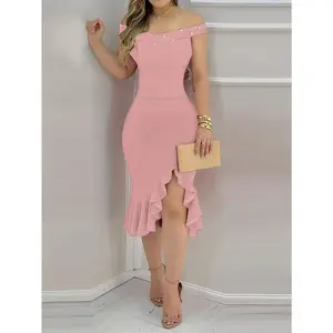 Elegant Red off-the-Shoulder Beaded Ruffles Dress-Polyester Fiber and Spandex Blend, Furcal Lower Hem, Perfect Events and Parties Formal No.259