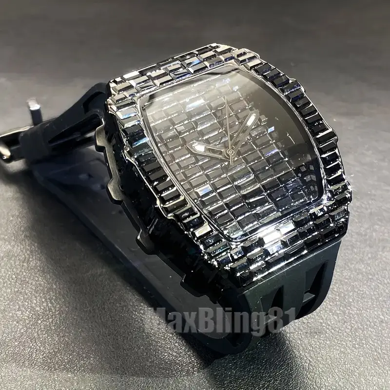 MaxBling81 Men's Japanese Quartz Casual Trendy Wristwatch - Hip-Hop Rapper Style, Black Baguette Iced Bling Stones, Square Analog Dial, Silicone Band, Luxury Fashion Accessory, Waterproof