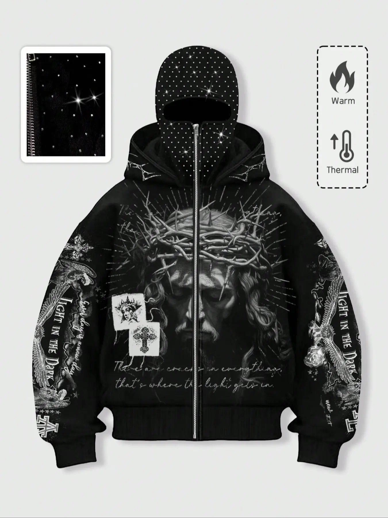 【Black Friday】Men's Rhinestone-Embellished Streetwear Full-Zip Hooded Jacket with Pockets, Windproof Outerwear for Fall and Winter