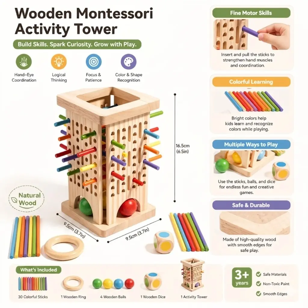 Montessori Natural Wood Shape Sorting Lollipop Set - 30 Colorful Sticks, Activity Tower for 3+ Years Kids, Child-Safe Finishes, PVC Free, Boost Logic, Color Awareness, Inspire Creativity, Kids' Gift, Unisex