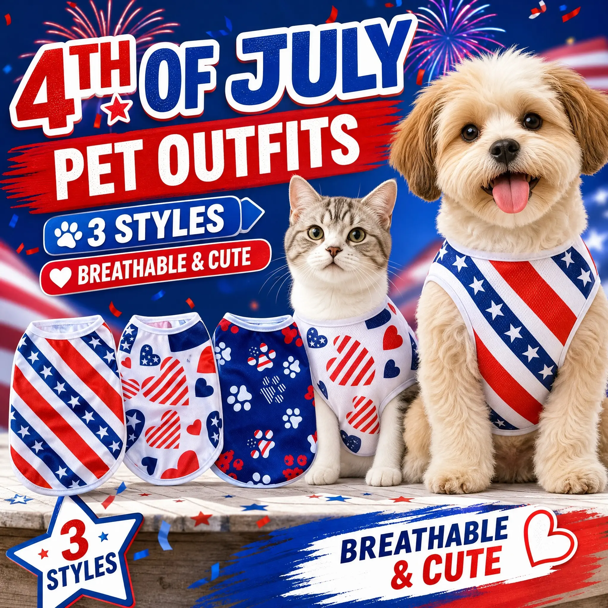 Pet Vest Shirt with American Flag Print, Breathable Mesh Sleeveless Design, Summer for Dogs and Cats, Independence Day Costume Outfits