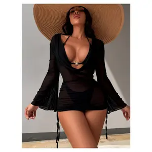 3 Piece Swimsuits for Women Sexy Triangle Bralette Panties Crochet Cover Up Beach Bathing Suits See Through Hollow Out Swimwear Summer Beach Outfits