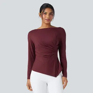 Halara Boat Neck Long Sleeve Ruched Asymmetrical Hem Slim Work Blouse
