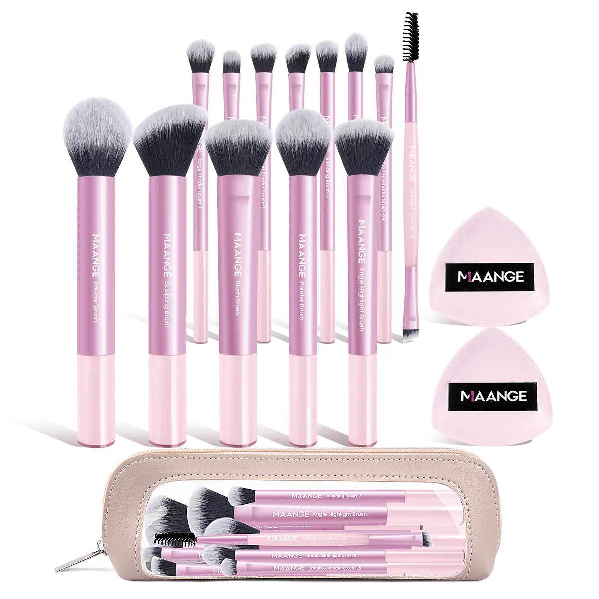 MAANGE 15-Piece Cosmetic Brush Set, Travel Beauty Tool Set with 2 Puffs for Complexion & Eyes, for Powder, Liquid & Cream Application, Travel Brush Set, Includes 2 Puffs