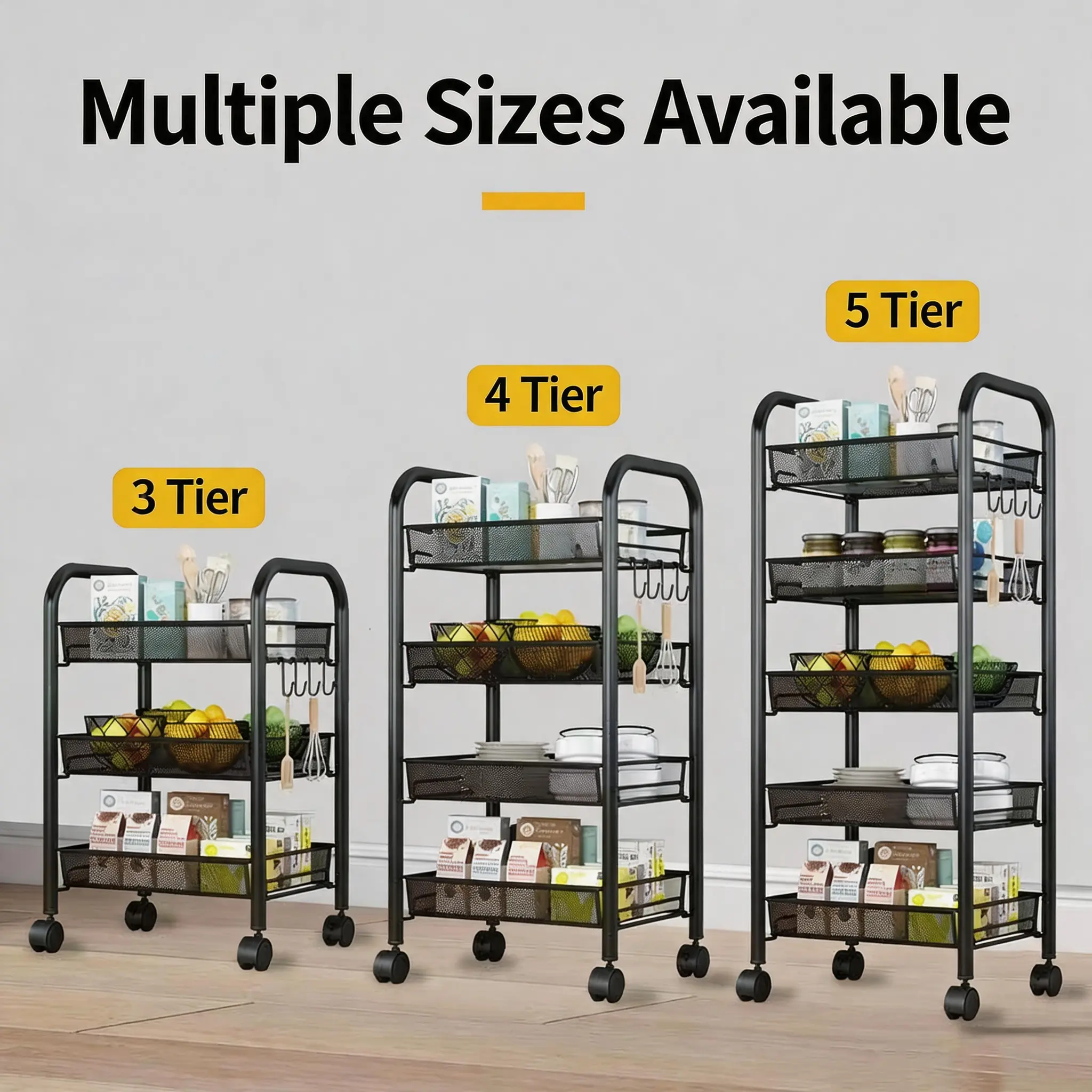 Slim Rolling Cart with Removable Rust-Proof Metal Wire Baskets - 3/4/5-Tier Home Supplies Organizer, 10-15 Kg Capacity, Multifunctional Racks for Bathroom/Pantry, Space-Saving Storage Organization Solution (Black 3-Tier)