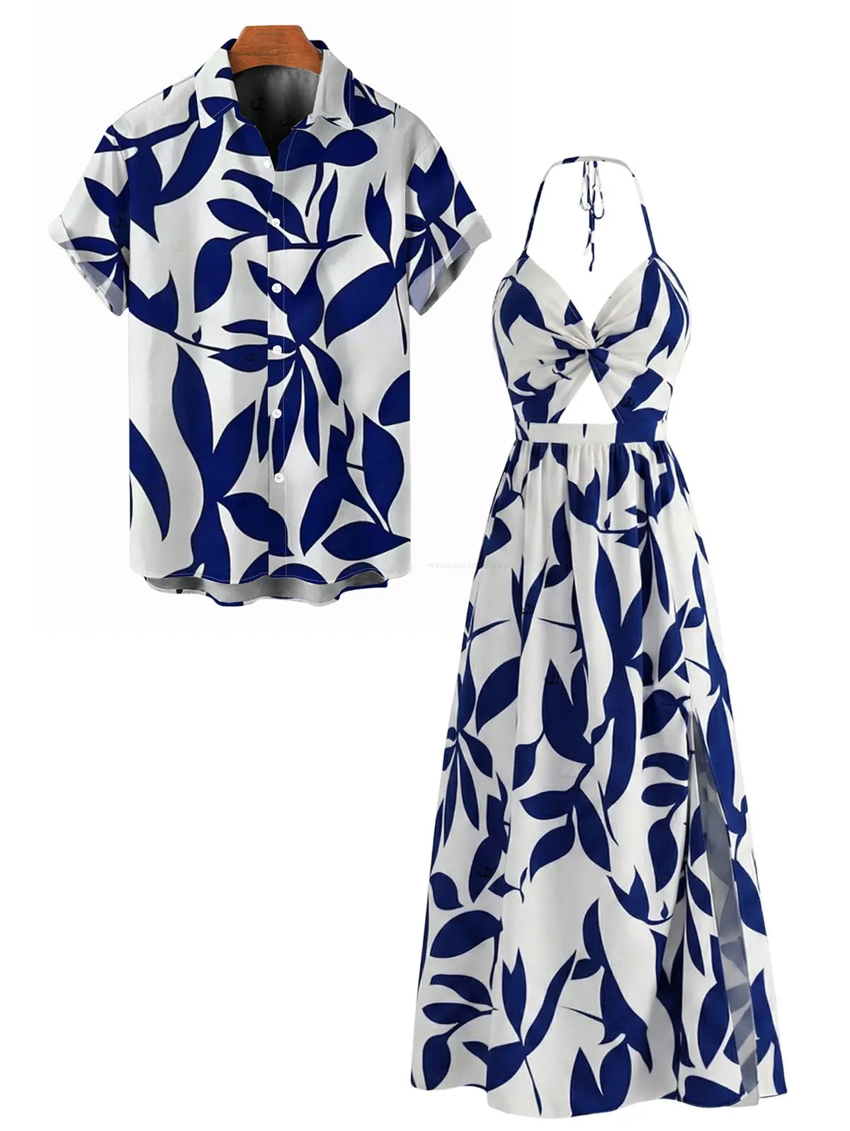Vacation Couple Outfit Minimalist Leaf Pattern Twisted Cut Out Slit Halter Dress and Shirt Set