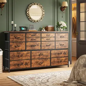 RaybeeFurniture Long Dresser for Bedroom with 16 Fabric Drawers, Modern Dresser with Charging Station, TV Stand for 60" TV Dressers & Chest of Drawers for Bedroom, Living Room, Closet