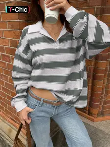 Women Olive, Striped Stripe Rugby Shirt, Turn Down Collar V Placket Long Sleeve Relaxed Fit Drop Shoulder Preppy Casual Cotton Jersey Athleisure Layering Friendly Fall Spring Curved Hem Denim Friendly Easy Care Top