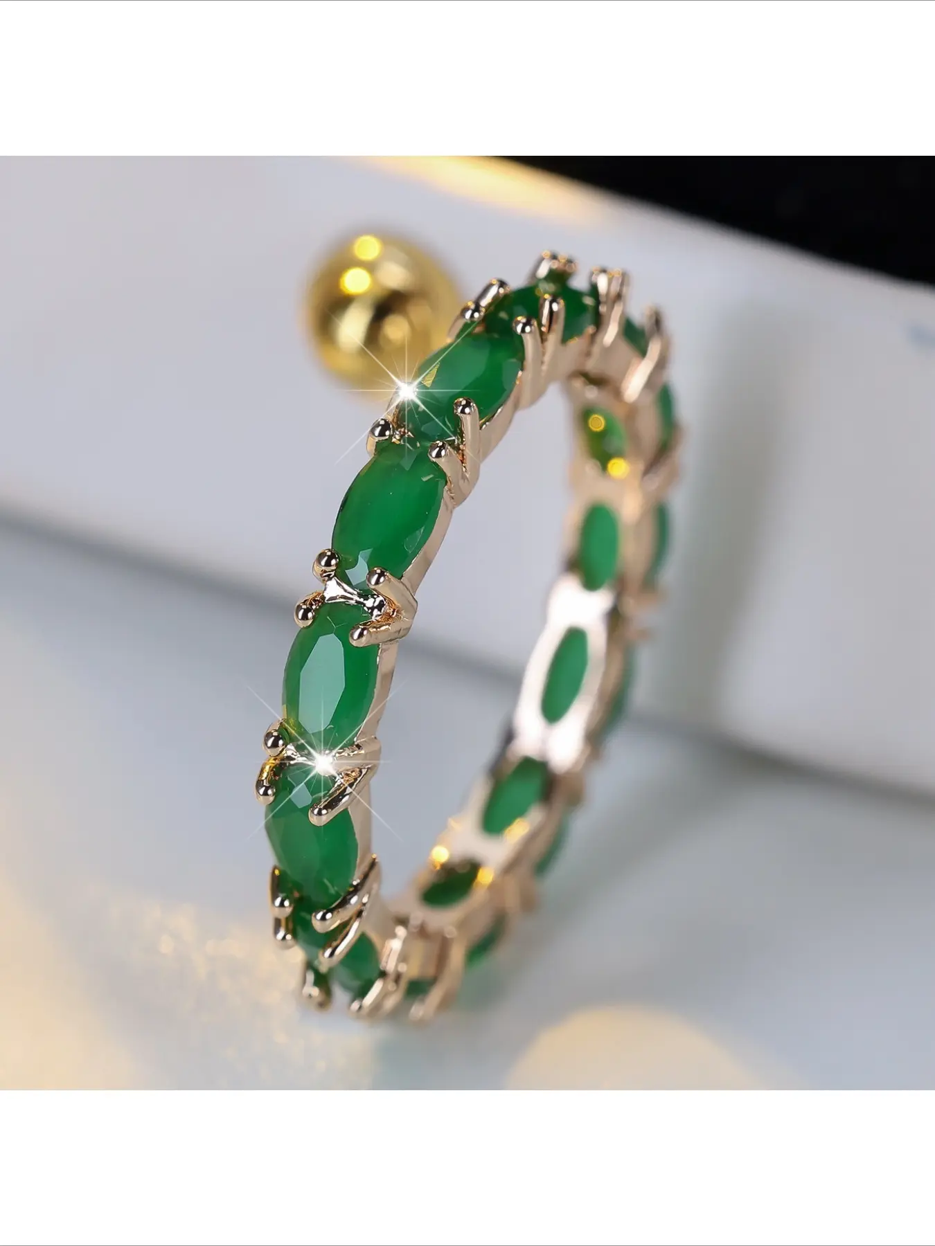 Trending Luxury Elegant Light Green Chalcedony Diamond Row Ring Marquise Cut Green Gemstone Finger Ring For Daily Commute And Formal Banquet Wear Fashion Jewelry Gift
