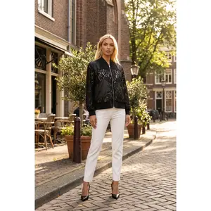 Sheer Floral Lace Bomber Jacket - Medium Length Fitted Long Sleeve All Seasons Womenswear J1189 One Size Black Ivory Polyester Lace Blend - Casual