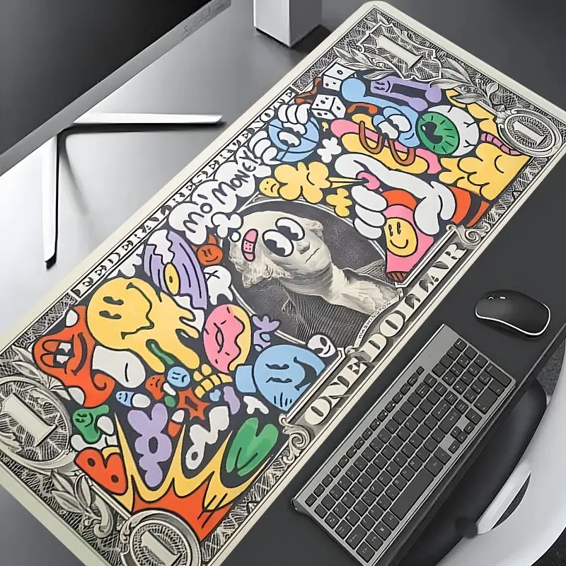Street Art Dollar Bill Graffiti Design Large Gaming Mouse Pad, Hip-Hop Lovers Desktop Decoration Pad, Desk Mat, Washable Rubber Non-Slip Lock Edge Multi-Size, Suitable For Home Office, Desk Accessories, Desk Gadgets, Computer Accessories For Desk