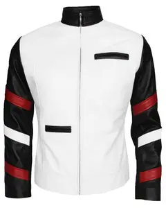 MotorCycleJackets Men's Vintage White Leather Jacket With Stripes
