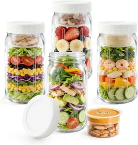 4Pack Glass Salad Jars with lids meal prep- 32oz Leakproof container for lunch | Comes with 2 Built-In Compartments for Wet/Dry Separation | salad dressing and dry ingredients storage.