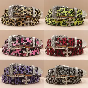 Cross fashion belt, Y2K leopard print skull rivet street party clothing accessory belt, shiny diamond belt, suitable for both women and men, perfect for pairing with jeans