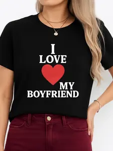 I Love My Boyfriend Black T-Shirt with Red Heart Print Casual Dating Gift Personalized Crewneck Tee Unisex All Seasons Comfortable Breathable Fit Plus Size Made in USA Cotton Everyday Womenswear