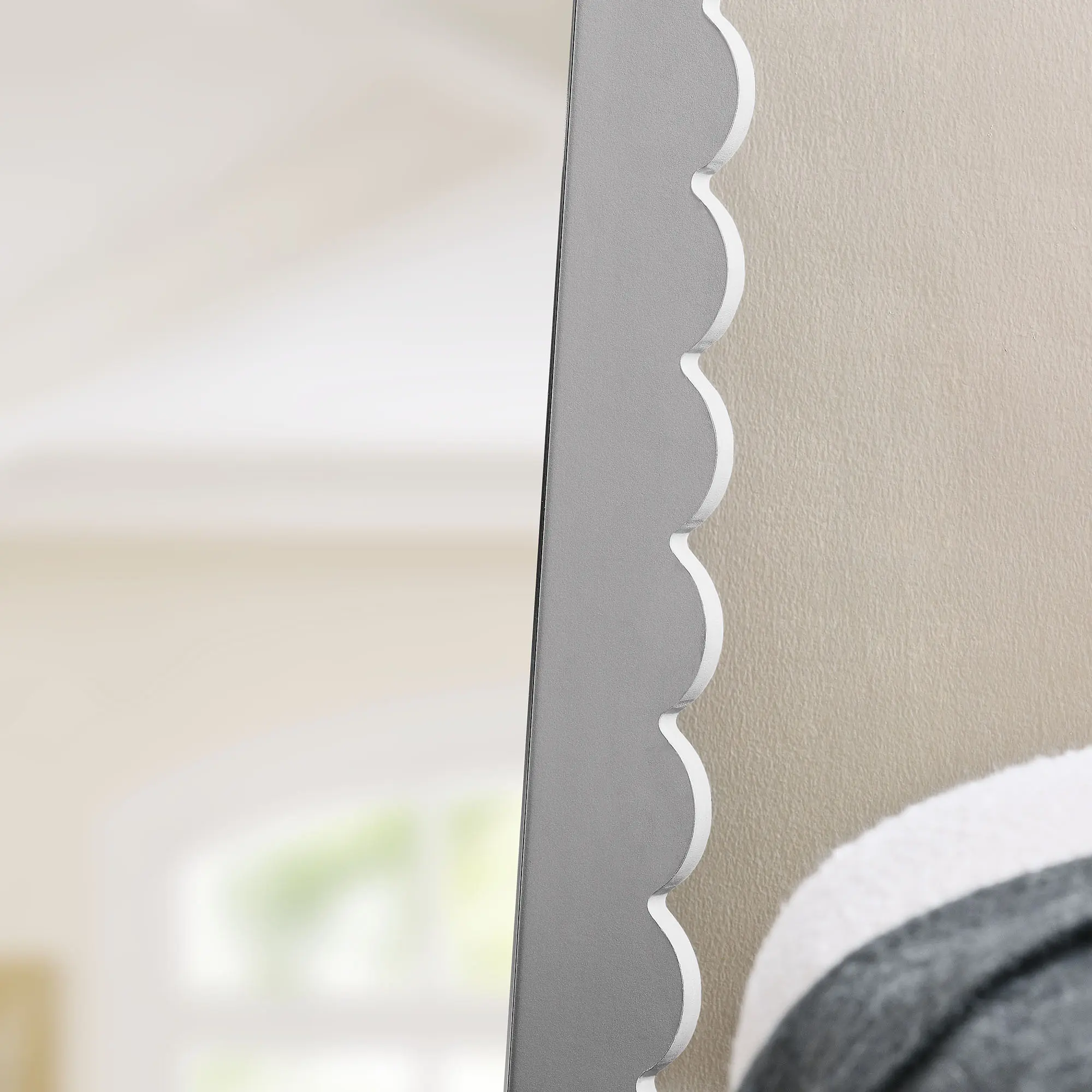 Emmeline Elegant Stylish Scalloped Rectangle Floor Mirror, Light Gray Home Decor Mirror
