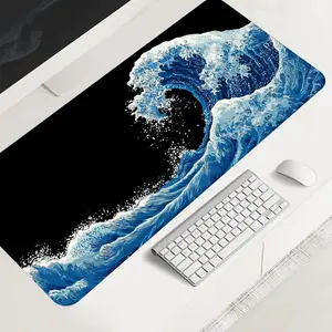 Ocean Wave Large-Sized Gaming Mouse Pad, Kanagawa Japan Desktop Protection Pad, Desk Accessories, Desk Setup, Anti-Slip Rubber Lock Edge High-Definition Printing, Suitable for Computers, Laptops, Offices, Homes, as a Gift for Family and Friends