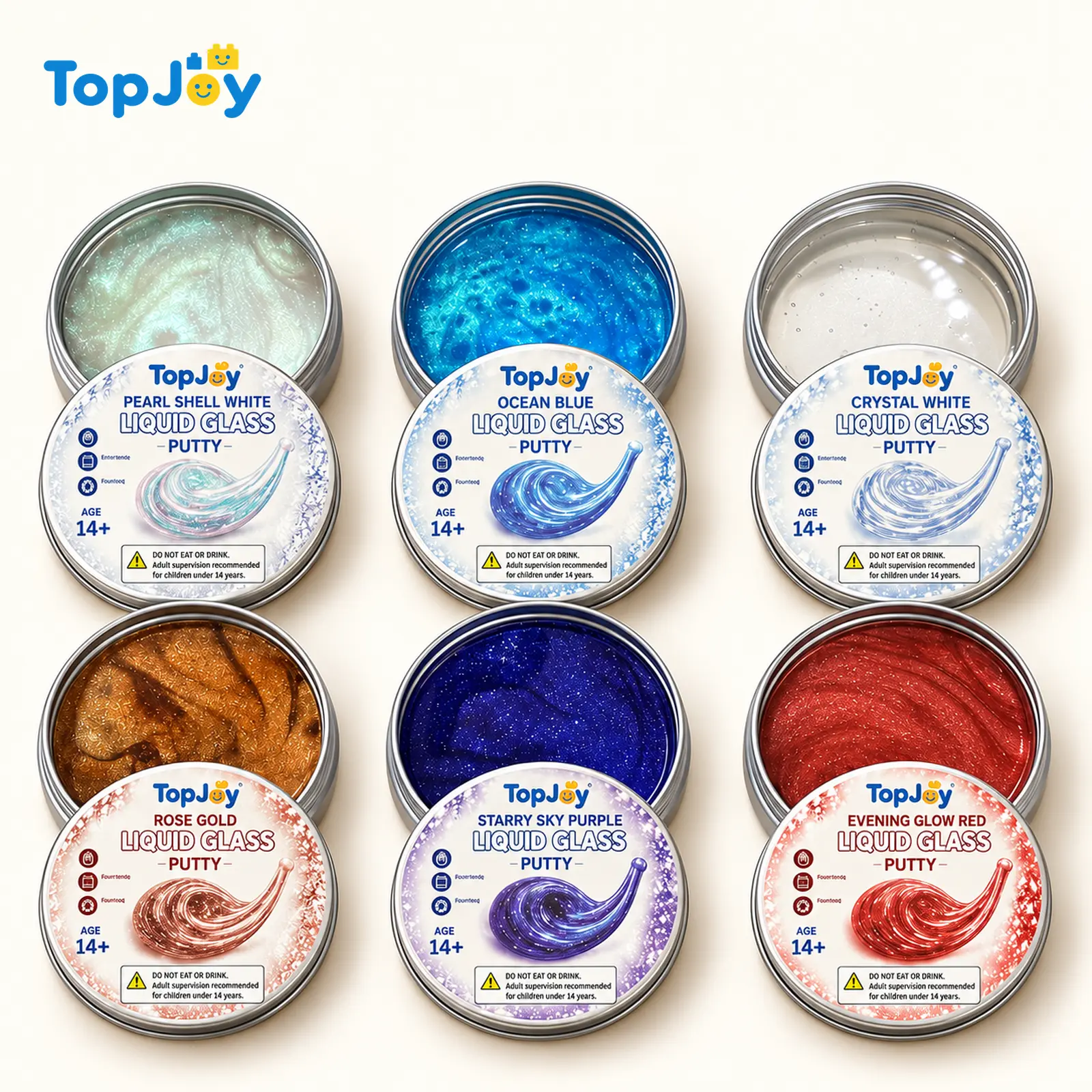 TopJoy Liquid Glass Putty, Stretchy Sensory Fidget Toy for Teens & Adults, Clear & Shimmer Colors, Metal Tin, Ages 14+, Single or 3-Pack