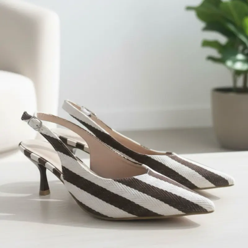 Chic Striped Pointed-Toe Slingback Pumps – Mocha & Cream