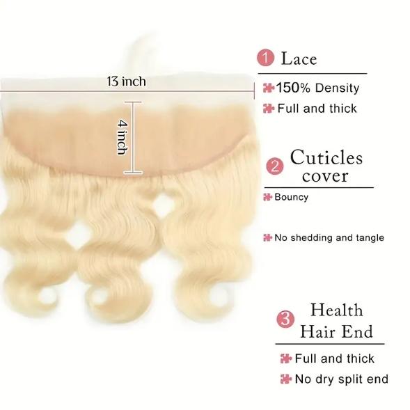"13x4 Ear-to-Ear Body Wave 613 Blonde Lace Frontal Closure, 100% Human Hair 8-20 Inch, Natural Look & Free Parting, High Quality for Ethnic Sleek Hairstyles "	