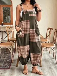 Plus Size Plaid Patchwork Jumpsuit for Women, Loose Sleeveless Overalls, Casual Baggy Harem Pants for Daily & Vacation