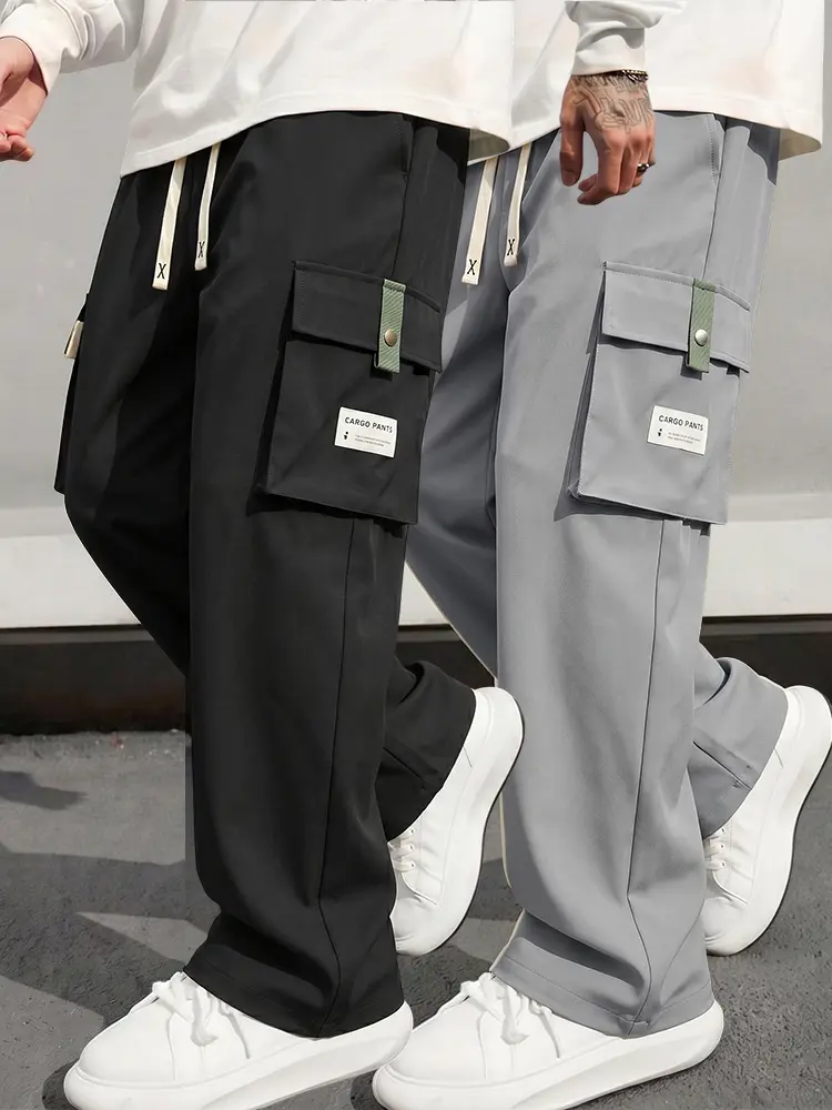 Streetwear Baggy Wide Leg Cargo Pants, Elastic Draw Waist Big Side Pockets, Wrinkle Resist Solid Color Casual Trousers For Men