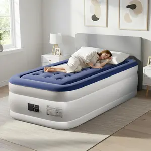 Outvita 18 Inch Single Inflatable Mattress with Built-in Pump, Elevated Comfort Air Mattress, Dual Chamber Airbed, 2 Minute Fast Inflate/Deflate Air Mattress for Family Guest Camping, Blue&White Summervibes