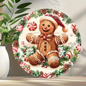 1PC 2D Plane Retro Round Aluminum Wall Art Sign - Christmas Gingerbread Man and Candy Decoration, 8x8inch Country Style Holiday Hanging Sign, Suitable for Home Office Door, No Electricity Needed, Mother's Day Thanksgiving Halloween Christmas Gift, Gingerb