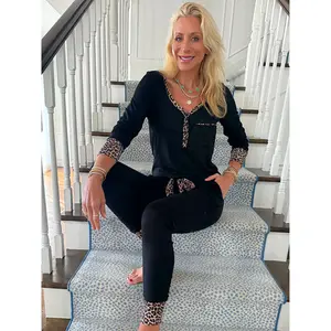 Black With Leopard Trim Jogger Pajama Set