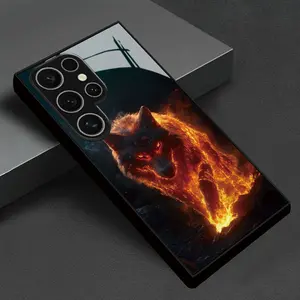Phone Case: Flaming Wolf Howling in the Night Pattern Glass Samsung Phone Case Is Suitable for S25, S24, S23, S22, S21, S20, A55, A54, A53, A36, A35, A34, A33, A23, A15, A14, A13, A05s, A05. It Is a Holiday Gift for Friends, Family