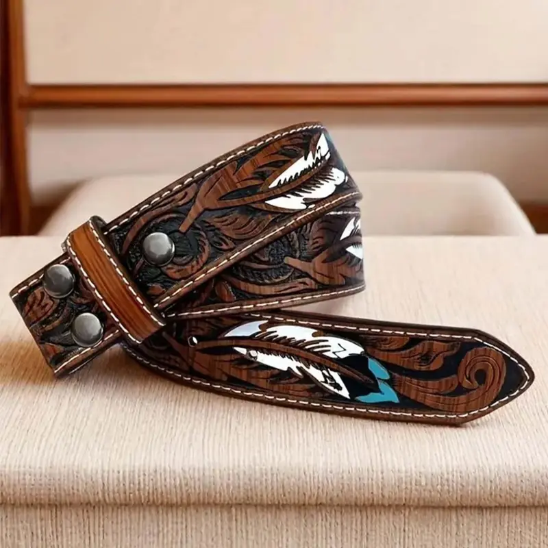 Feather Pattern Cowgirl Belt, Concho Belt, Western Cowboy Belts, Boho Style Ethnic Pattern Belt for Women & Men, Fashion Accessories for Daily Wear