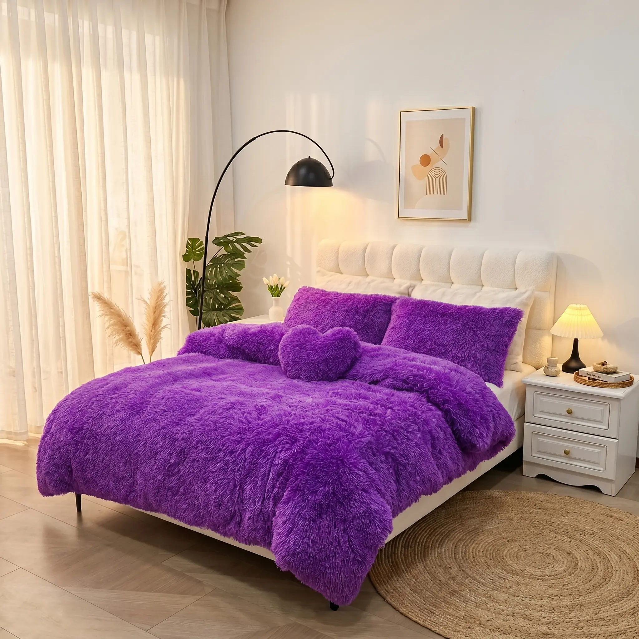 4 Piece Shaggy Plush Bedding Set (600GSM) – 1 Fluffy Duvet Cover + 1 Decorative Heart Pillow + 2 Soft Velvet Pillowcases, Ultra Warm, Stylish & Aesthetic Bedroom Must-Have