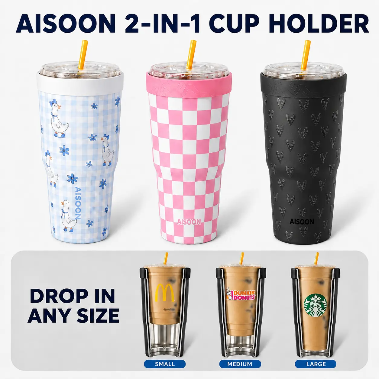 AISOON 2-in-1 Insulated Cylindrical Sleeve & Tumbler for 8oz-30oz Cups, Stainless Steel Reusable Coffee Cup with Lid, Straw, Silicone Ring, Keeps Cold for On-the-Go Drinks
