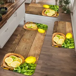 1/2/3pcs, Yellow lemon green leaf background with 2D flat printing pattern, home décor, suitable for kitchens and bathrooms, soft indoor entrance rug, Home Decor Rugs, non-slip bottom for easy cleaning, Washable Kitchen Rugs, Kitchen Runner Rug