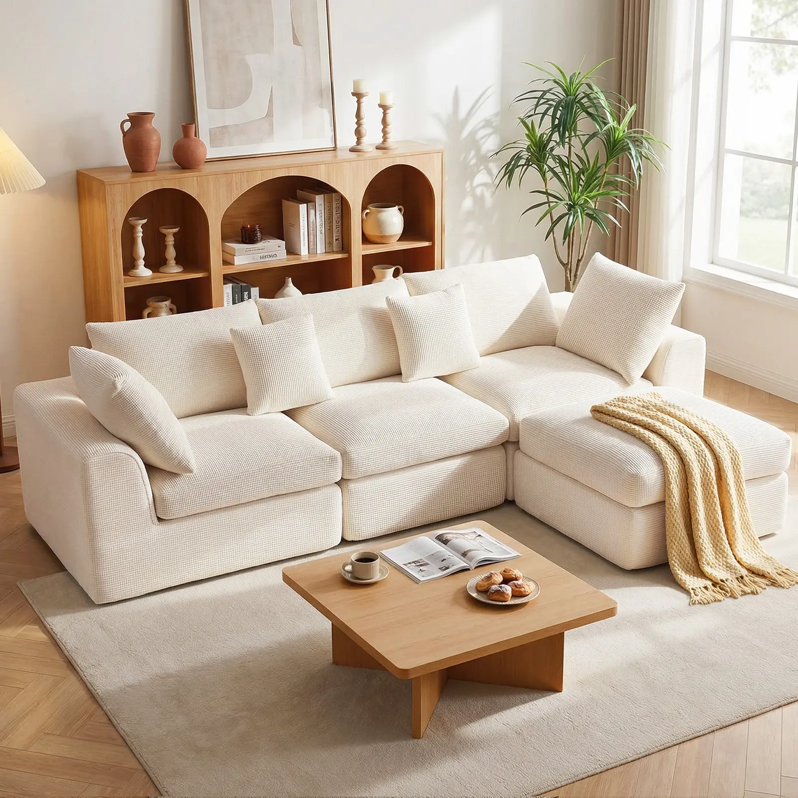 PKBD Oversized Cloud Sectional Couches for Living Room L-Shaped Convertible Sofa 7-Seat Modular Boneless Couch with Movable Ottoman Beige Tool-Free Assembly Family & Pet-Friendly