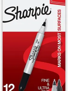 Sharpie Dual Tip Permanent Markers - Fine and Ultra-Fine Tips, Black Color Markers, 12 Count