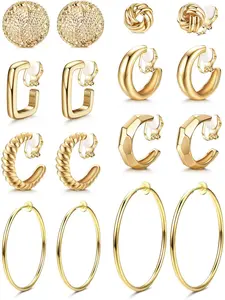 Retro 8 Pairs Golden Trendy Fashionable Earrings Clip on Earrings Chunky Clip on Hoop Earrings for Women Men Non Pierced Fashion Fake Hoops Earrings Jewelry Set