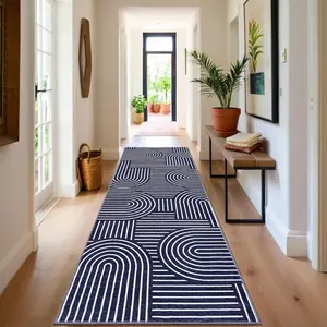 Modern Rug 2.5x10 Runners for Hallways, Abstract Kitchen Runner Rugs Non Slip Bath Mat, Rainbow Washable Runner Rug for Bedroom, Soft Long Rugs for Entryway Bathroom Laundry Dorm, Blue