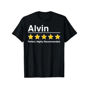 Funny Alvin-Themed Gift T-Shirt for Men & Women - 5-Star Rating Design with Alvin Lettering & Recommendation Text - 100% Cotton Casual Round Neck Short Sleeve Tee - Slightly Elastic All-Season Comfort - Funny Office Gift for Alvin Fans (Sizes S-XXXL) - Id